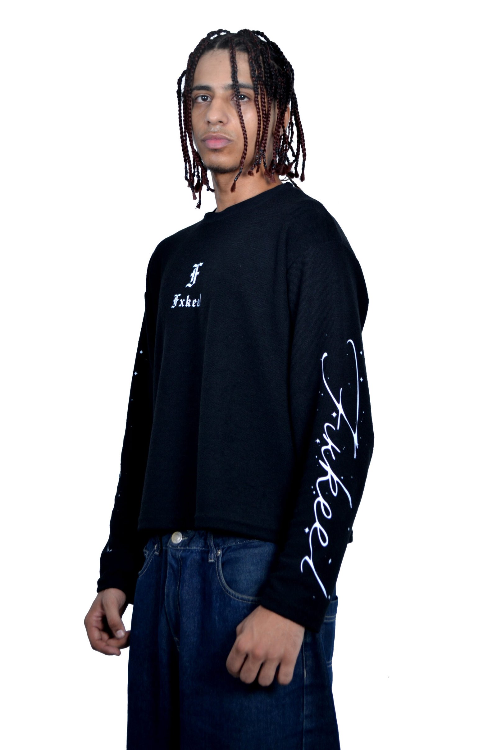 Braided model wearing Fxkeel in dark denim