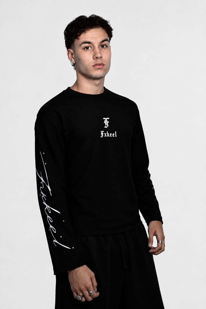 Model wearing Fxkeel graphic long sleeve
